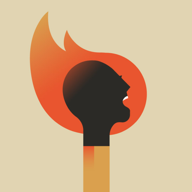 illustration of a burning match with a person's head as the match head