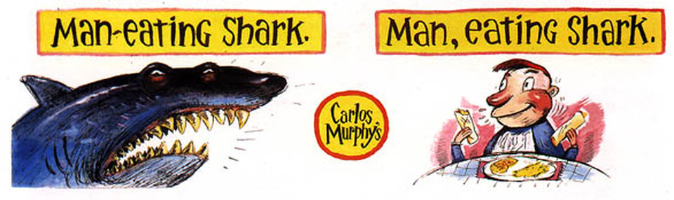 Carlos Murphys advertising illustration by Everett Peck - Man Eating Shark.