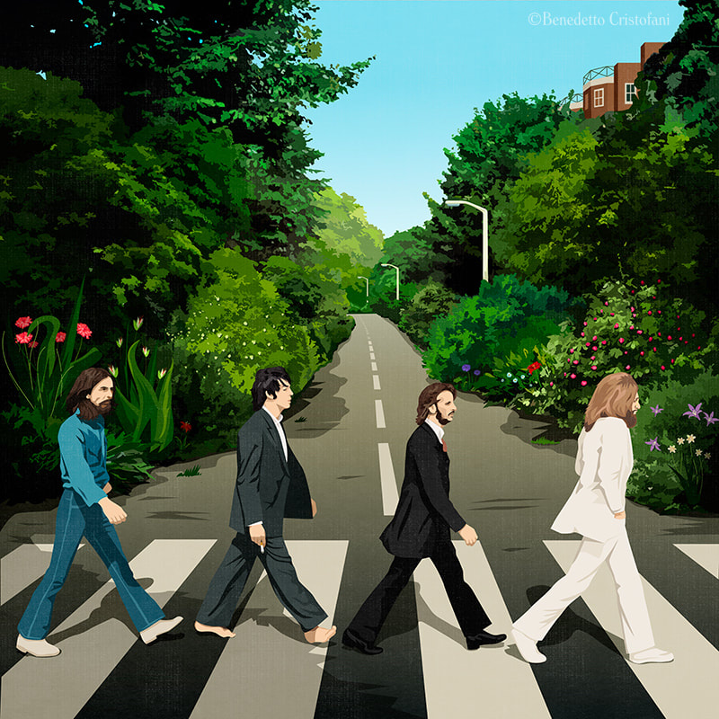 The Beatles cross a car-free Abbey Road where plants reclaim the urban space