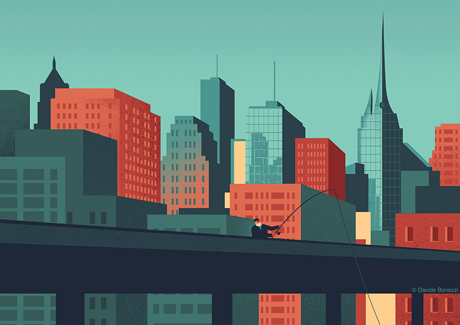 Part of "Urban Wildlife", a series of illustrations with animals hiding in cityscapes