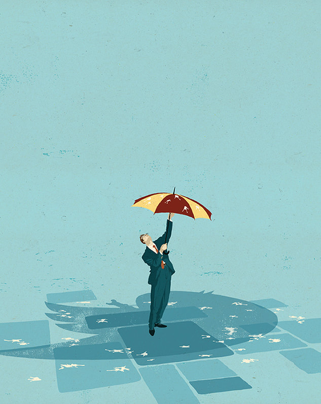 A man protects himself from bird-dropping with an open umbrella in this illustration by conceptual, digital illustrator Mark Smith.