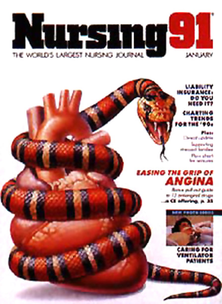 Nursing Magazine cover- angina, snake wrapped around a heart, medical illustration by Walter Stuart.