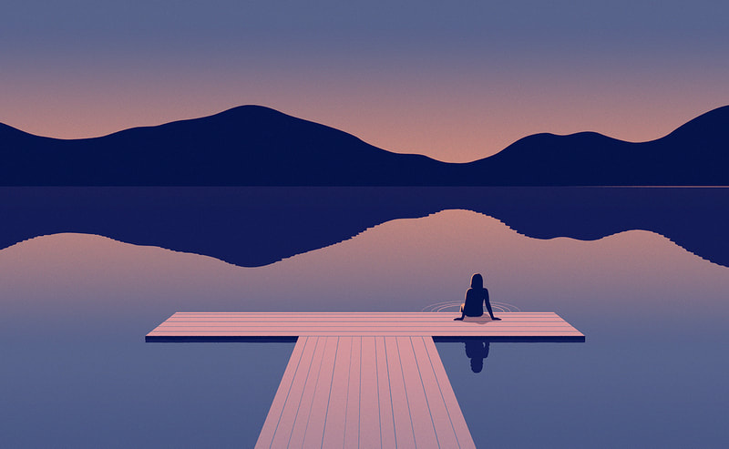 Solitary girl sitting on a pier, lost in thought as the sun sets over the lake