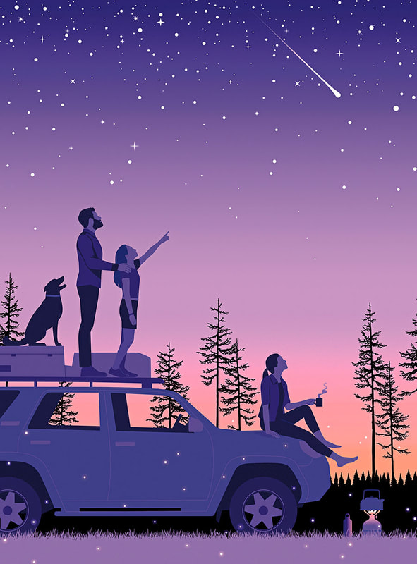 Illustration of a family doing a trip in the nature with their car