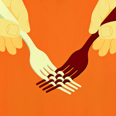 An illustration of two forks crossing, symbolizing the intersection of various cultures through the medium of food