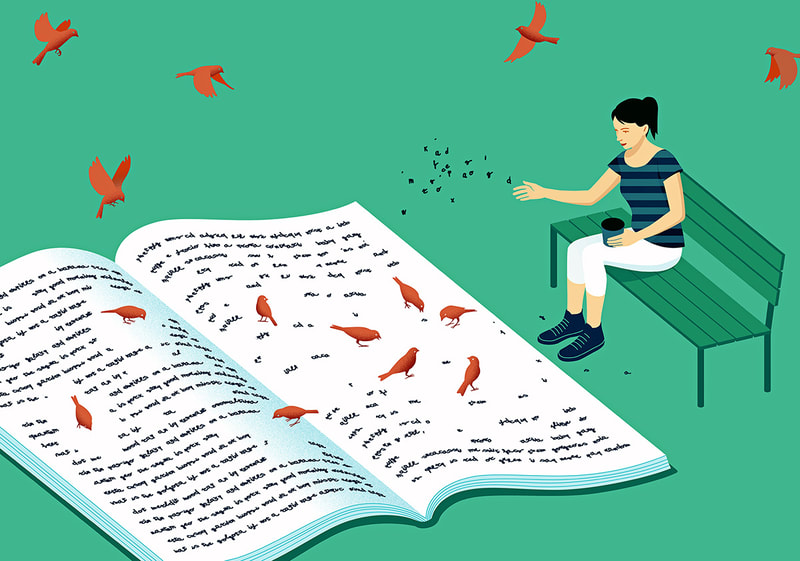 Artistic illustration: A girl on a bench feeds birds with letters instead of seeds, creating words on an open book. Birds interact with the letters, crafting a unique narrative.