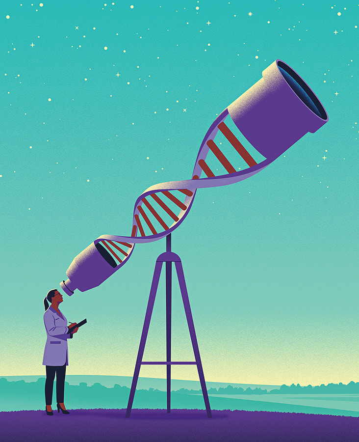 Conceptual illustration featuring a scientist woman peering into a large telescope shaped like a DNA structure. The scientist gazes through the helical lens, symbolizing a fusion of scientific exploration and genetic discovery.