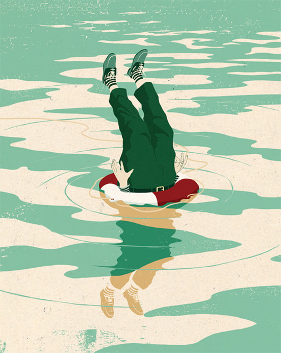 Upside down man in life preserver editorial illustration by Mark Smith.