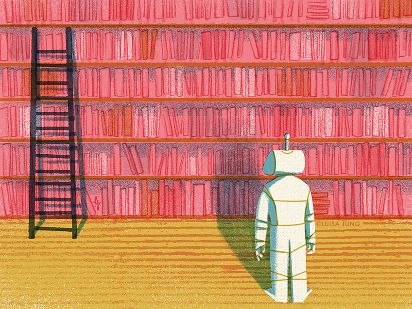 a robot looking at a bookcase