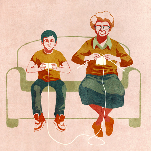 A picture of a grandmother knitting, a boy playing video game on couch: conceptual illustration by Joey Guidone.