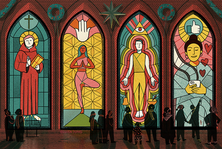 a scene of a church where each stained glass windows shows traditional religion and modern alternatives