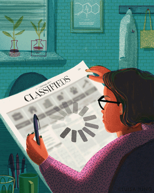 animation of a woman waiting for the classifie section of the newspaper to fully load.