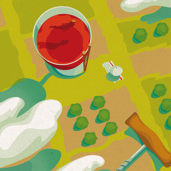 Daria Kirpach scenic illustration- bird's-eye view of a woman swimming in a giant drink.