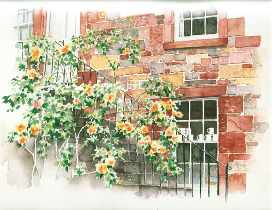 Denise Hilton-Campbell scenic illustration of flowers, an iron railing and a brick building.