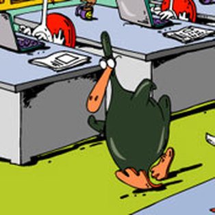 Duck in office humorous illustration by Kevin Pope.