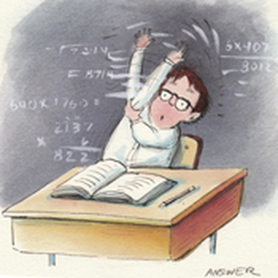 boy raising hand in school humorous illustration by Debbie Tilley.