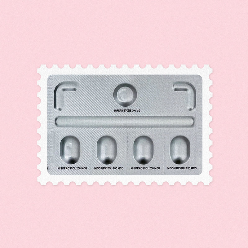 An illustration by Mariaelena Caputi of a stamp made from a packet of mifepristone and misoprostol.