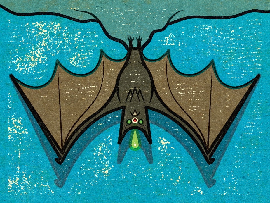 An illustration of a sad-faced bat with a long shadow by Alexei Vella.