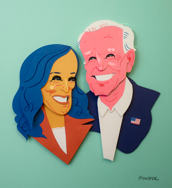Kamala Harris and Joe Biden, smiling- made of brightly colored paper