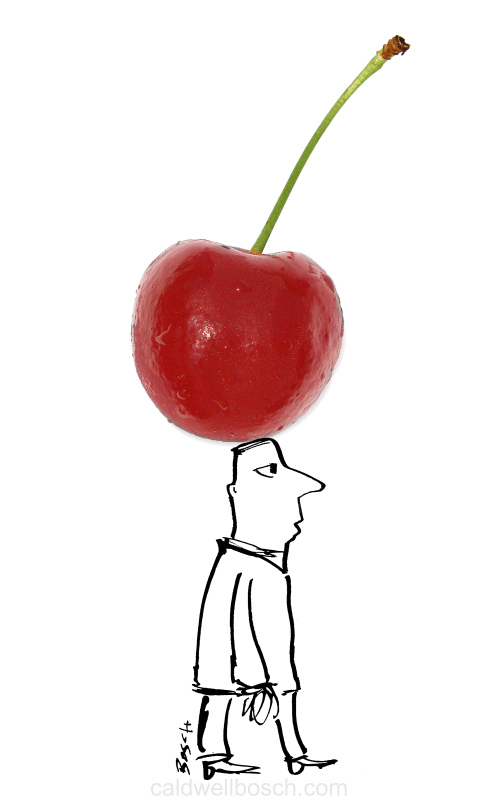 An animated illustration of a man balancing a cherry on his head.