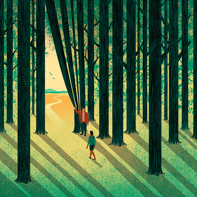 A person holing aside a curtain of trees for another person. The image is a link to Davide Bonazzi's conceptual illustration portfolio.