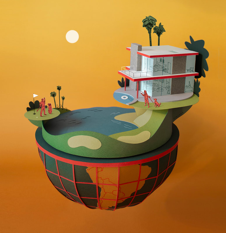 Sitting on top of half of a globe is a miniature resort home, calm sea, and golf course.