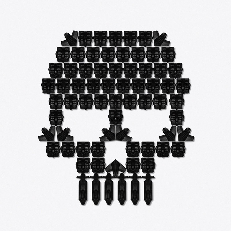 An illustration by Mariaelena Caputi of a skull made from military equipment.
