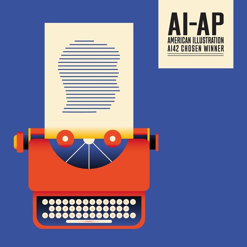 red typewriter, ruled image of a man's head. My illustration was selected by American illustration winners AI42