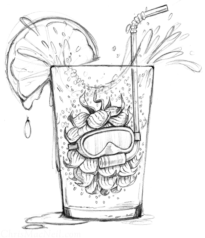 Deschutes Brewery -Christopher MacNeil's  pencil sketch of an illustration of a beer hop diving into glass of beer, wearing a mask and snorkel.