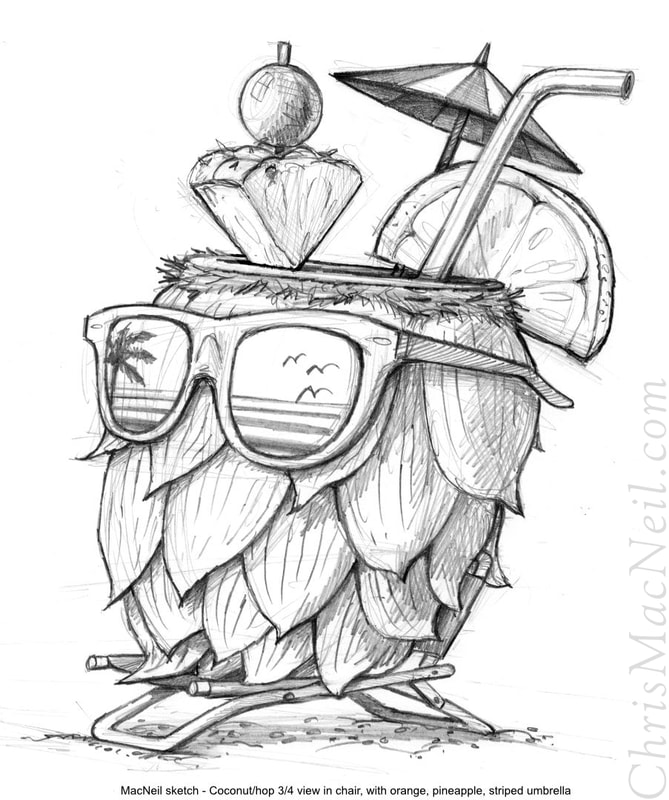 a sketch of a coconut/hop drinking glass wearing sunglasses, sitting in a beach chair