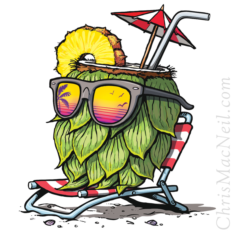 Deschutes Brewery -Christopher MacNeil's  final, color illustration of a coconut/hop sitting in a beach chair, wearing sunglasses, watching a colorful sunset