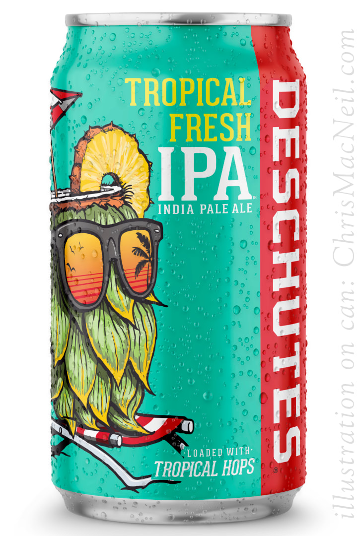 Chris MacNeil illustration of a coconut/hop watching the sunset, printed on a Deschutes Brewery beer can
