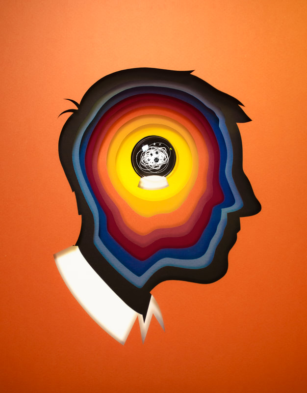 Concentric silhouettes of a business man reveal a crystal ball within his mind