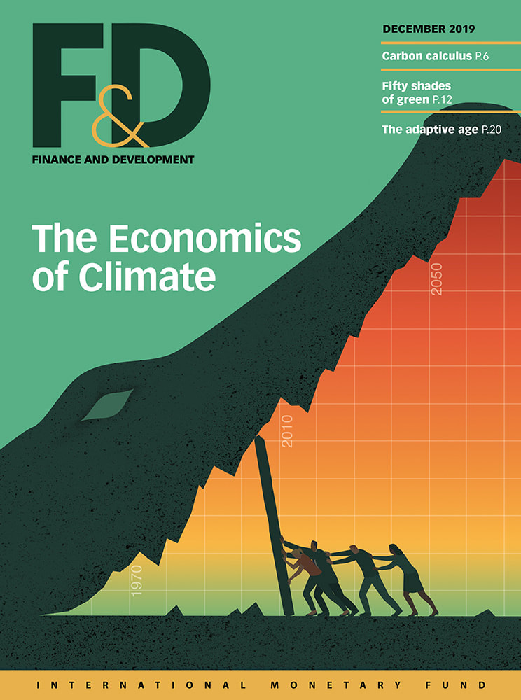 Cover illustration for International Monetary Fund's Finance & Development about the threat of climate change and the long-term perspective on measures to reduce greenhouse gas emissions.