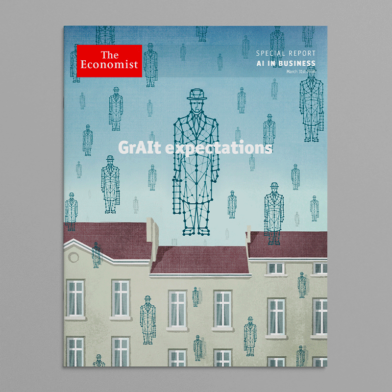 Series of illustrations for The Economist in Magritte's surreal style on how artificial intelligence changes business