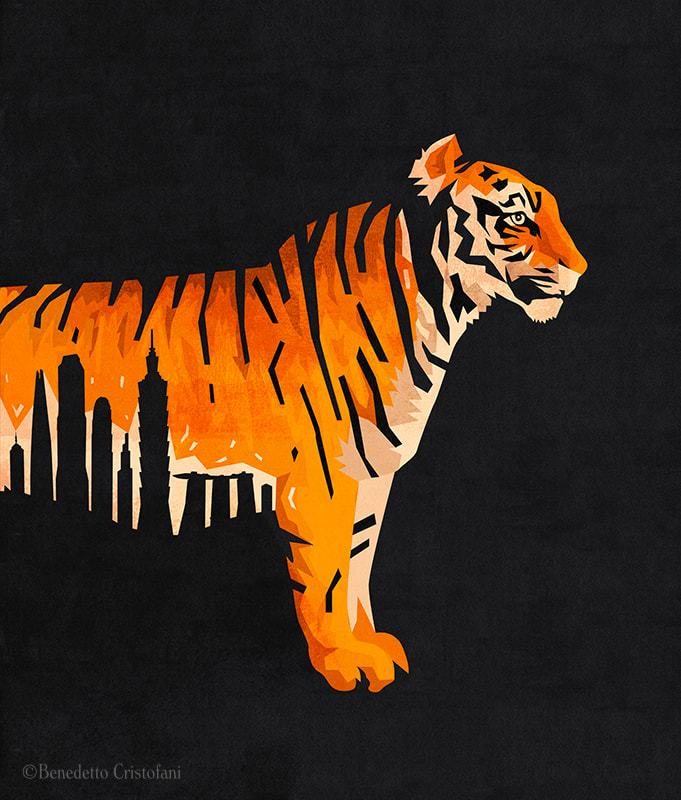 Tiger with the towers of Asian economies in the design of its fur