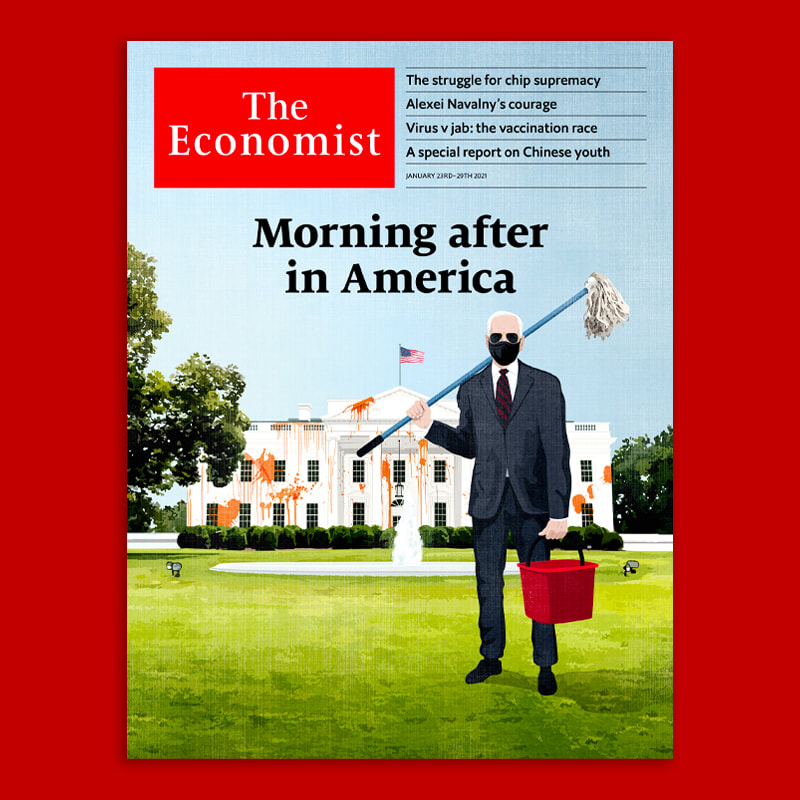 Cover for the Economist for Joe Biden's inauguration in the White House with the president having to clean up the stains left by the Donald Trump administration