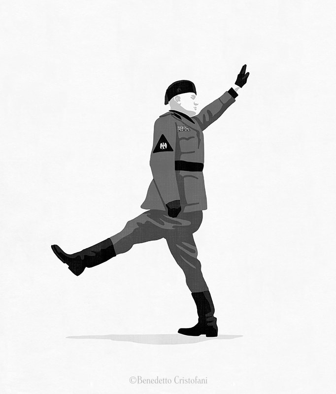 Fascist dictator Benito Mussolini walks in martial step doing the Roman salute while his legs go backwards