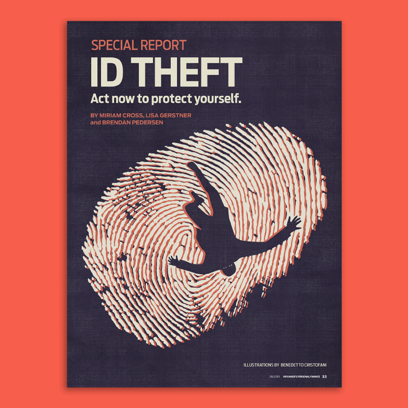 Illustrations on identity theft, medical identity, fishing, elder fraud, credit card cloning, and card freezing