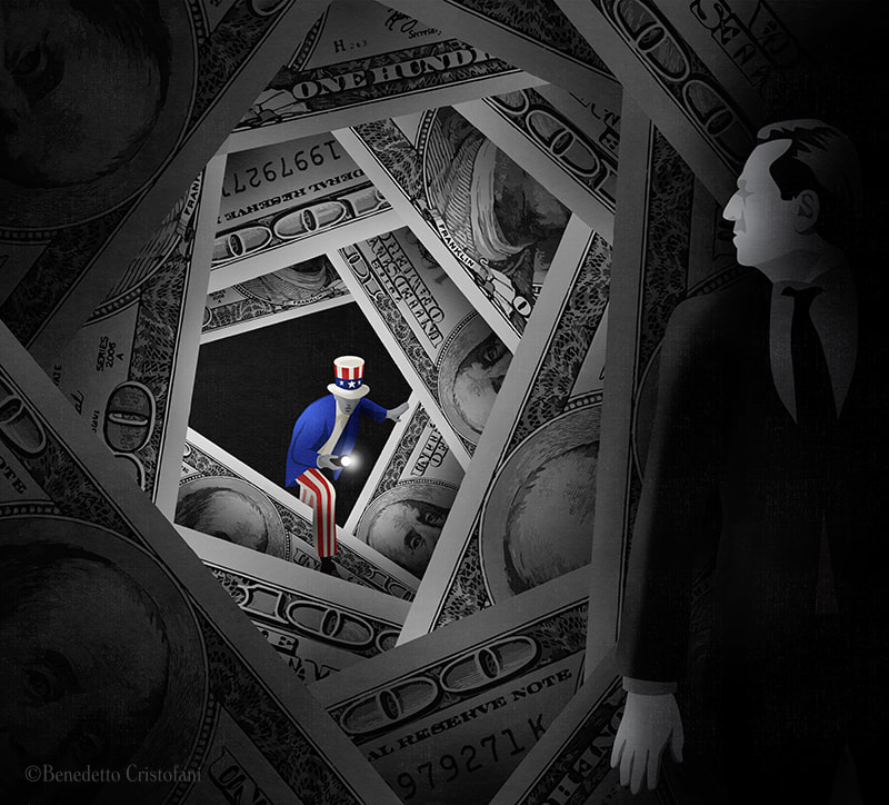 Uncle Sam is looking for the tax evader in a tunnel of banknotes