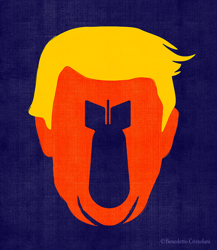 Donald Trump portrait with nuclear warhead silhouette