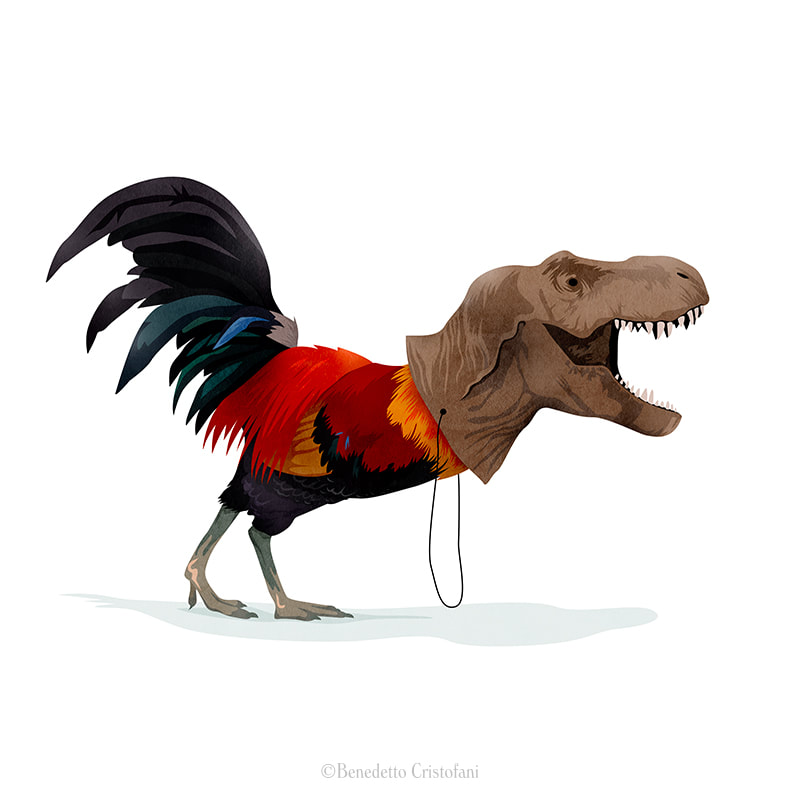 Rooster wears Tyrannosaurus Rex mask