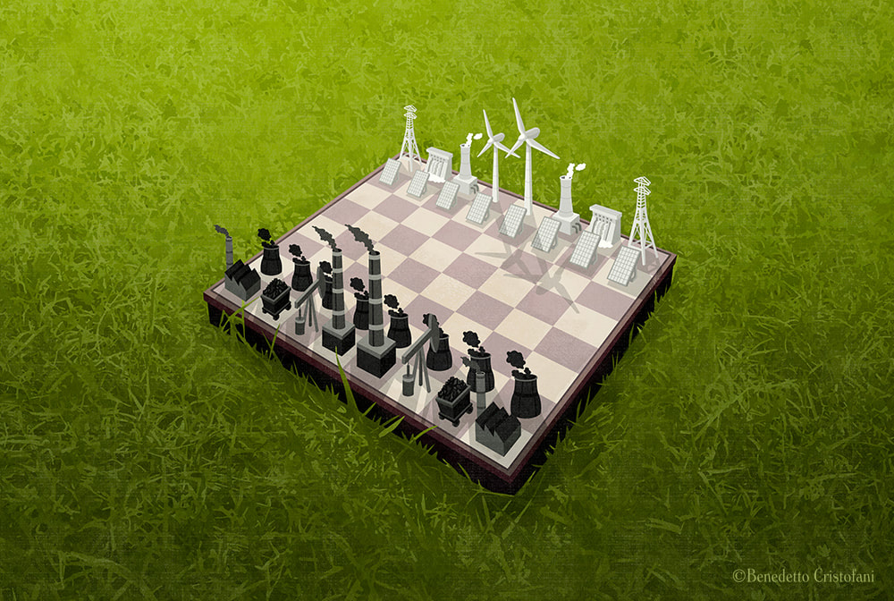 Chessboard on which the pieces of renewable energies face those of fossil fuels