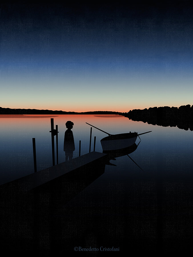 Child watches the summer sunset over the lagoon while thinking to his dreams and expectations