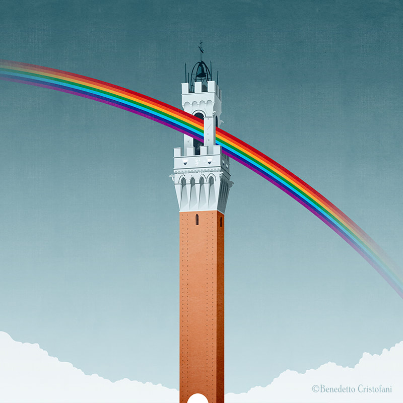 Medieval tower crossed by the rainbow representing inclusiveness and multiculturalism