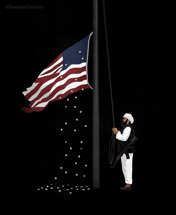 Taliban soldier lowers the American flag as its stars fall