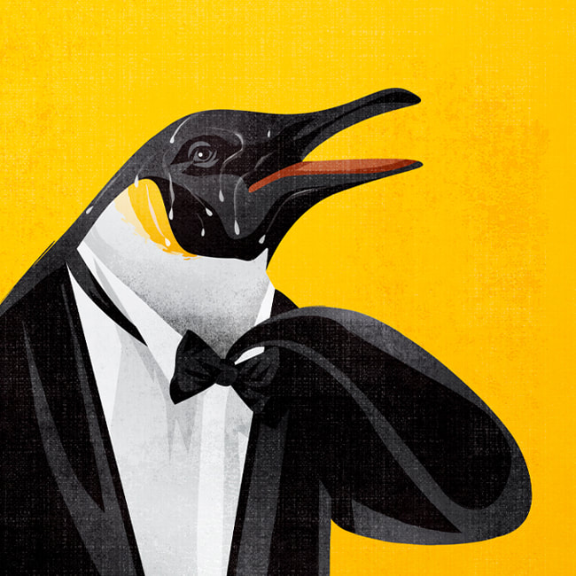 A nervous penguin easing it's too-tight bowtie. The image is a link to Benedetto Cristofani's conceptual illustration portfolio