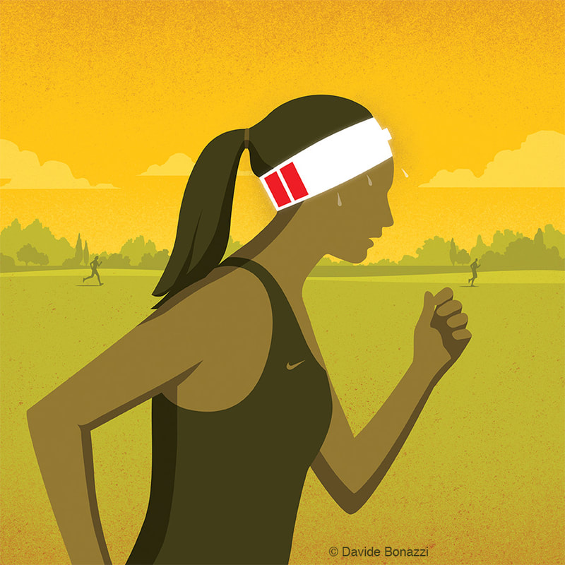 Advertorial illustration about how a tired mind can weaken your performance, but there are ways to keep your physical energy up even when your mental energy is low. Originally commissioned by Nike