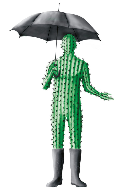 A cactus person holds an open umbrella in this drawing by illustrator Mirko Cresta.