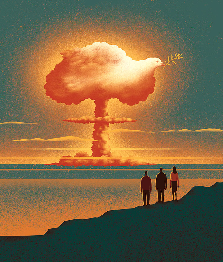 The dove of peace appears in a nuclear bob cloud in a conceptual illustration by Davide Bonazzi.